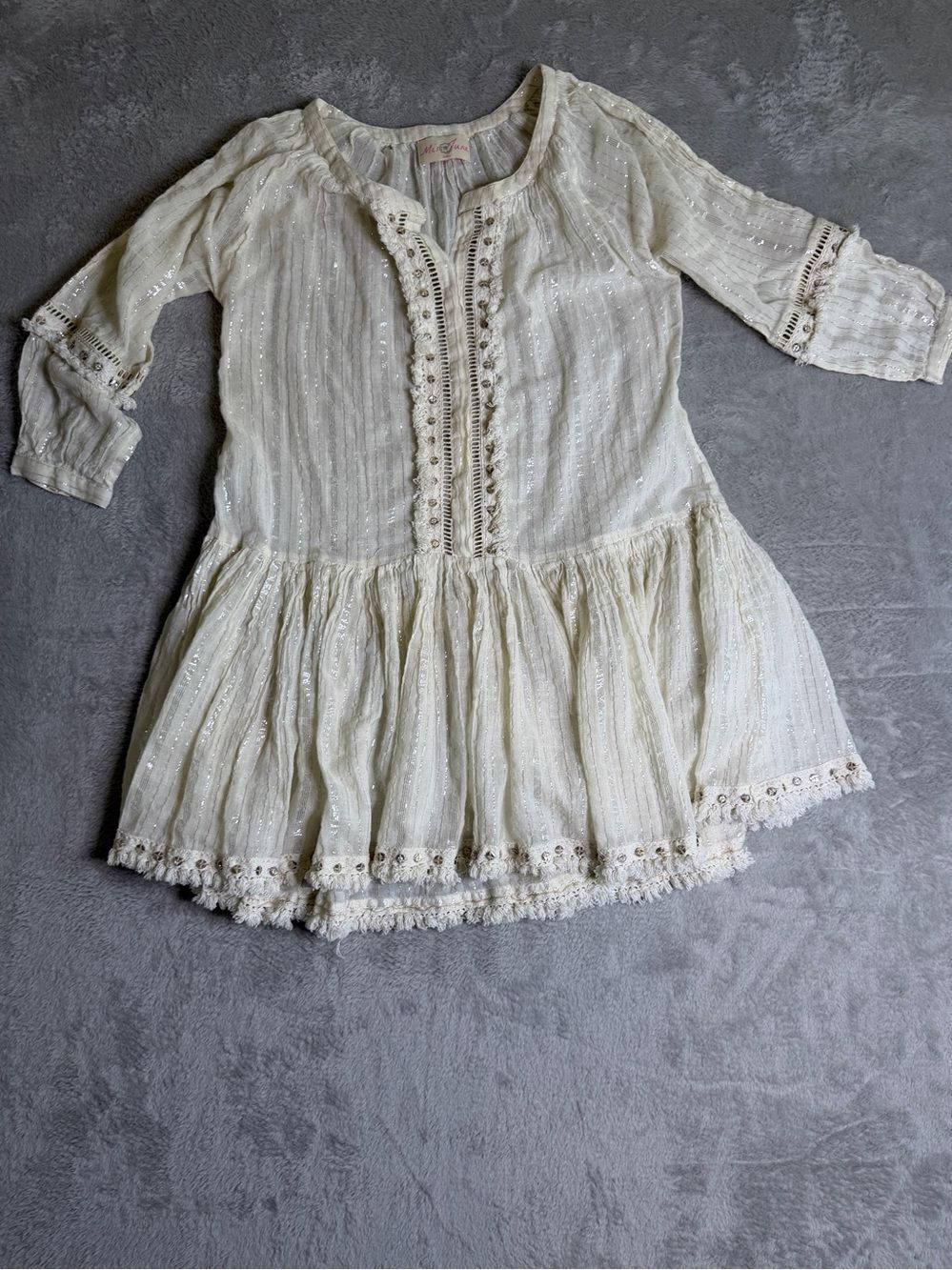 Miss June Paris Ivory Boho Tunic Dress with Lace Trim and metallic accents